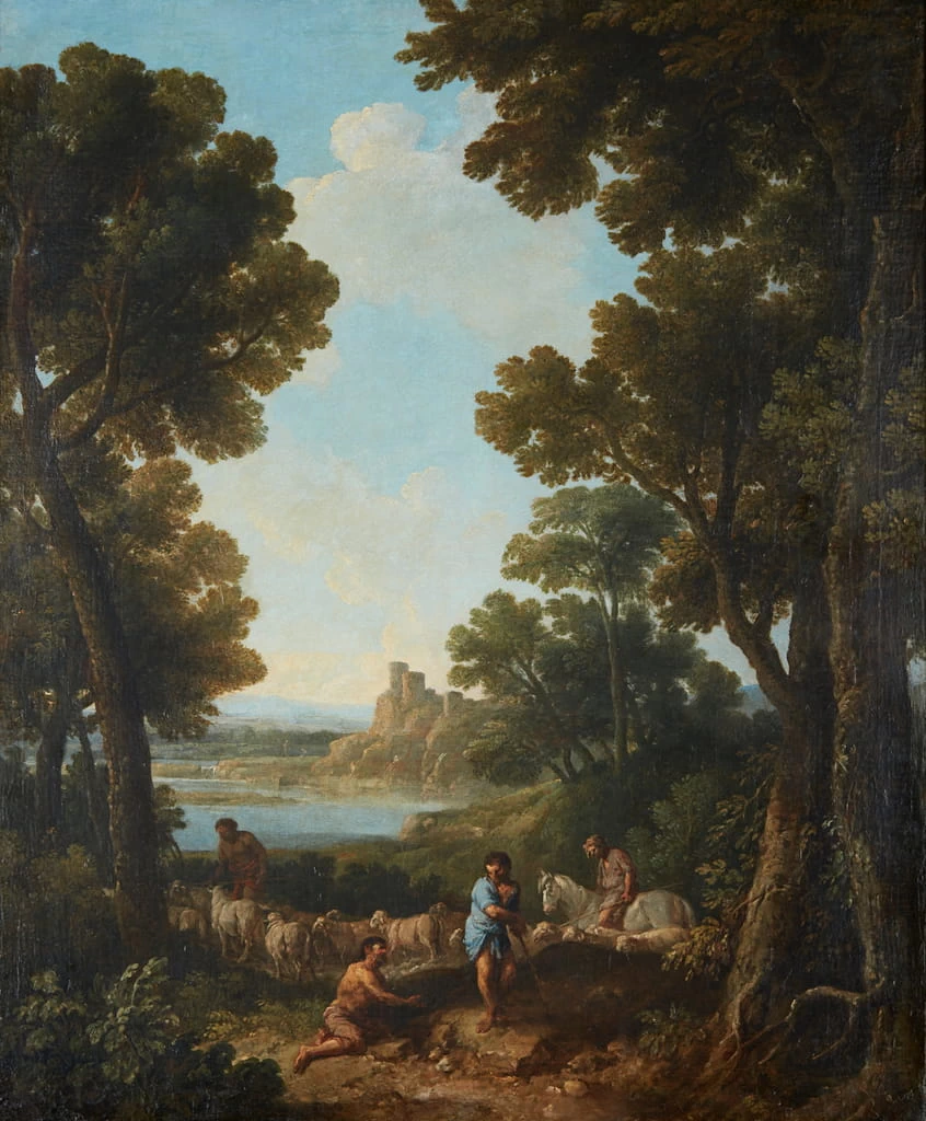 Un paesaggio classico con pastori e cavalieri